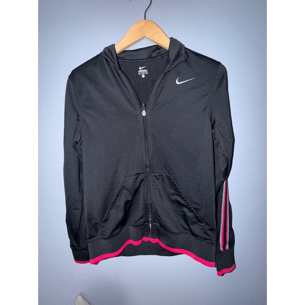 Nike Womens Track Jacket Black Pink Grey Striped Full Zip Mock Neck Size M